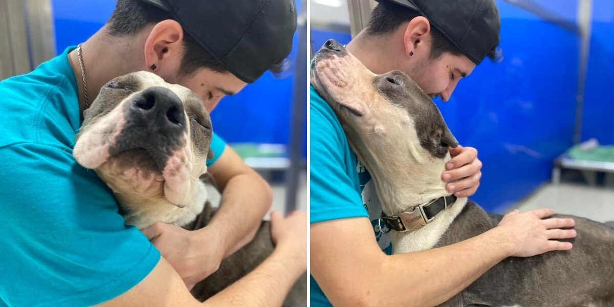 Grateful Shelter Dog Can't Stop Hugging The People Who Saved Him