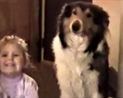 Mom tells them both to “smile.” Dog responds with the biggest smile, ever!