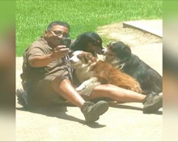 Mom looks outside and catches the UPS taking selfies guy with the dogs