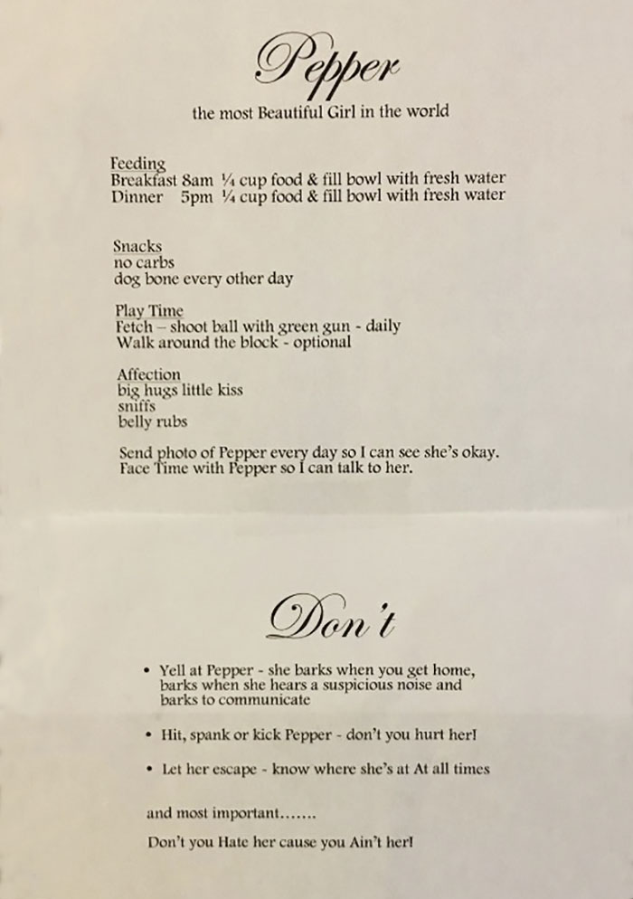Risultati immagini per Woman Afraid To Leave Her Dog Alone With Dog Sitter Writes Him List Of Rules, And They Go Viral