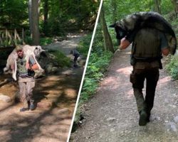 Ranger Carries Exhausted 100-Lb Dog On His Shoulders For Miles To Save His Life