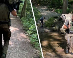 Man Carries Exhausted 100-Lb German Shepherd On His Shoulder To Save His Life