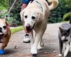 Friendly Cat Joins Neighbor’s Dogs On Their Daily Walk