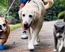 Friendly Cat Joins Neighbor’s Dogs On Their Daily Walk