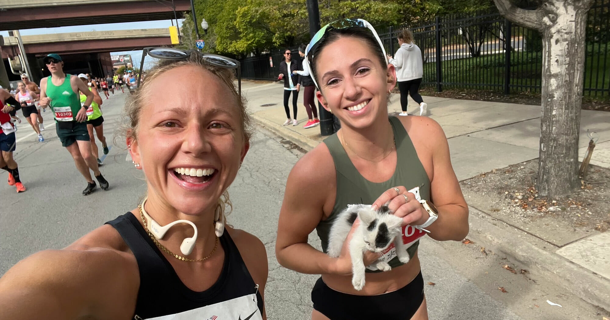 Marathon runner stops to rescue scared stray kitten on side of course