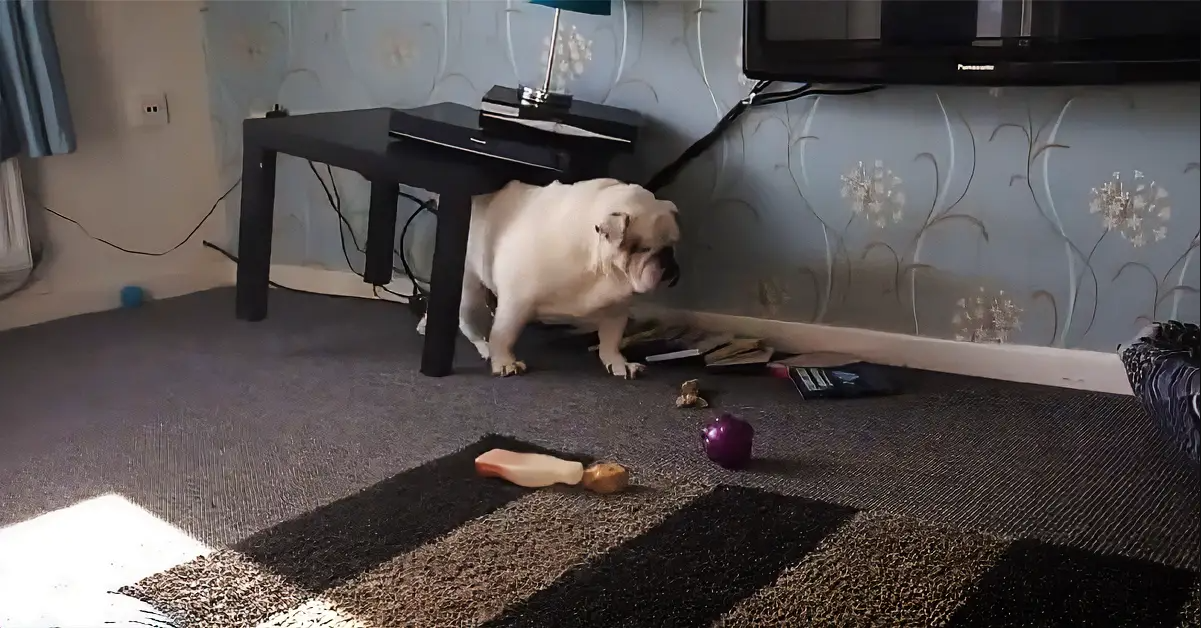 Bulldog Scratches That Itch On Table, But Knocks Everything Off