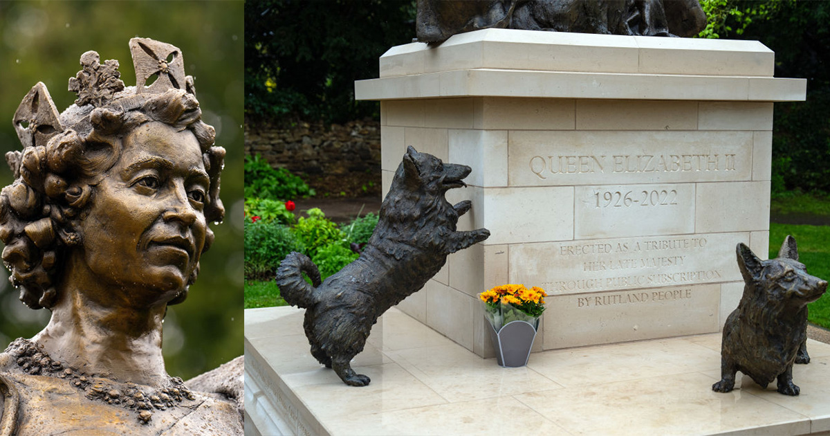 Newly-unveiled statue of Queen Elizabeth II includes her beloved pet Corgis