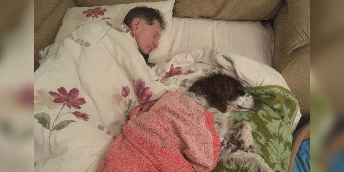 Dad Sleeps On Couch Every Night So His Elderly Dog Never Feels Alone